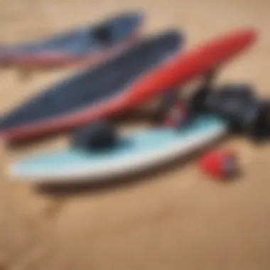 Close-up of surf ripstik equipment and accessories on a sandy beach