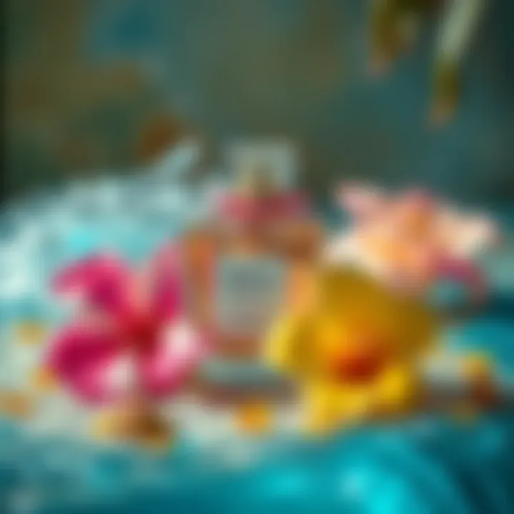 A close-up of fragrance notes represented by tropical flowers and oceanic elements