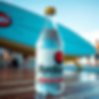 Close-up of a clear bottle of water with a surfboard in the background