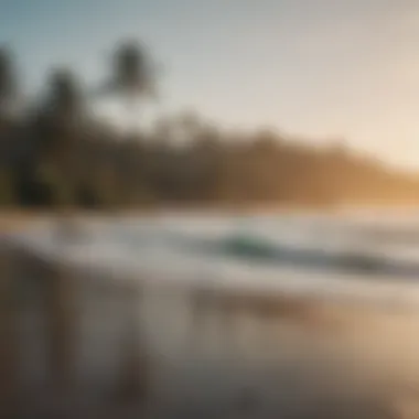 A local surf culture scene in Bali, depicting friendly interactions between surfers and instructors on the beach.