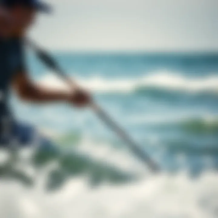 A surfer skillfully using a surf rod in action at the beach