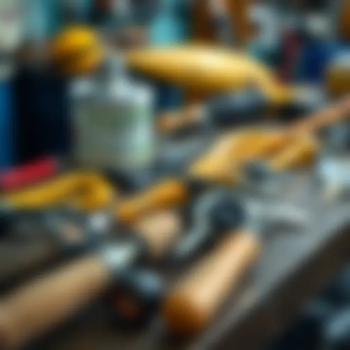 Essential maintenance tools for surf rods laid out on a table