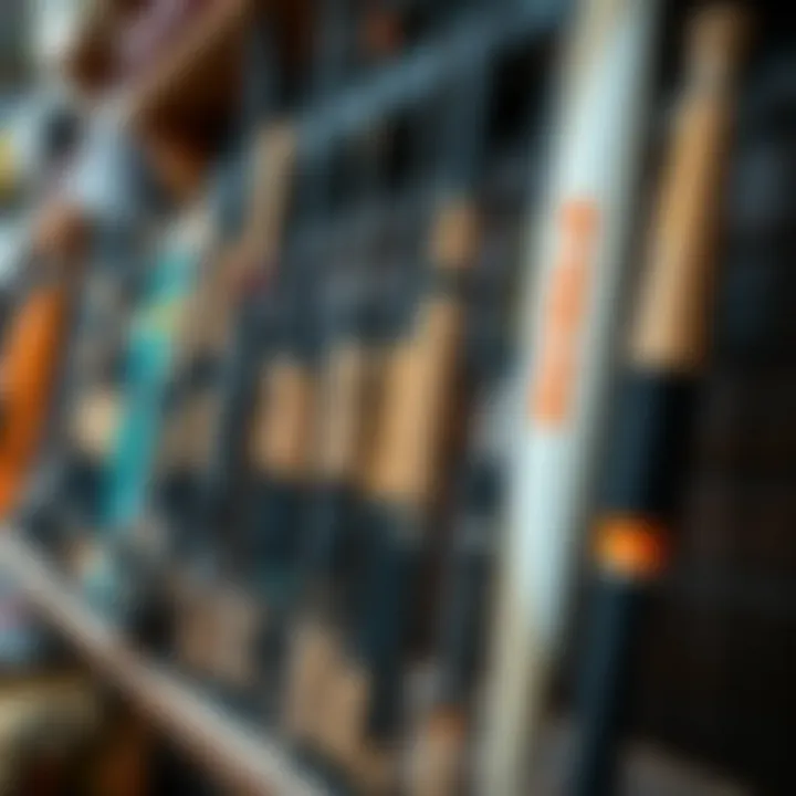 An array of surf rods displayed on a shelf showcasing various models