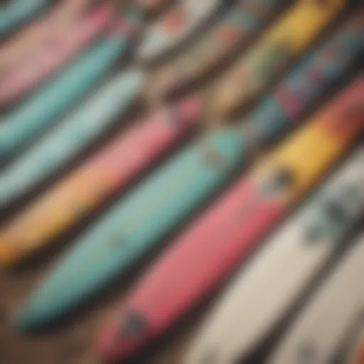 Vibrant surfboards lined up at Beach Candy, showcasing diverse designs.