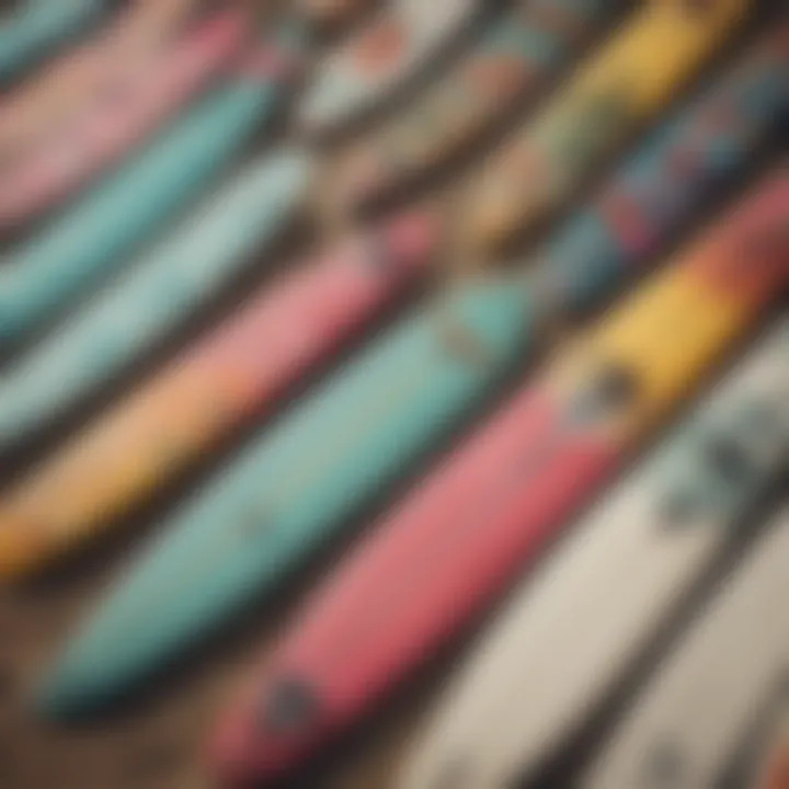 Vibrant surfboards lined up at Beach Candy, showcasing diverse designs.