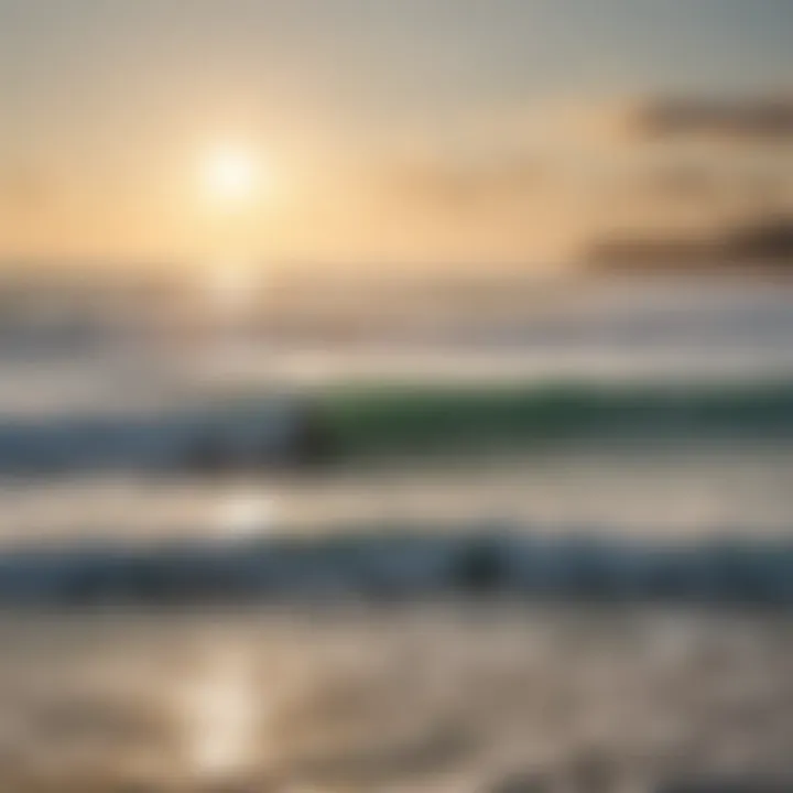 A panoramic view of Surfside beach with surfers riding the waves.