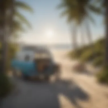 A serene beach scene with a bike trailer parked beside surfboards ready for the waves