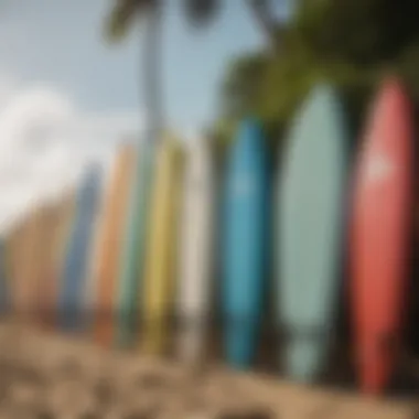 Colorful surfboards lined up on the beach