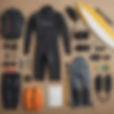 Essential surfing gear laid out, including a wetsuit, surfboard, and safety equipment, emphasizing preparation for novices.