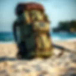 A rugged surf fishing backpack on a sandy beach, ready for adventure.