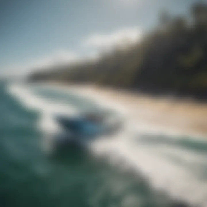 Wake surf boat anchored near a picturesque beach