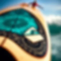 A close-up of a Billabong surfboard showcasing its intricate design and craftsmanship