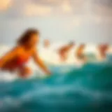 A vibrant beach scene showcasing boogie boarders catching waves