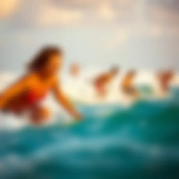 A vibrant beach scene showcasing boogie boarders catching waves