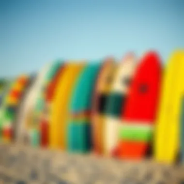 Diverse Selection of Boogie Boards Close-up of a variety of colorful boogie boards lined up on the sand