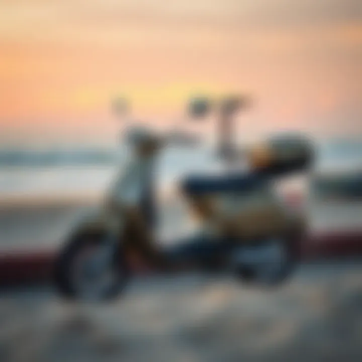 Moped with Carver Surf Rack parked at a beach location