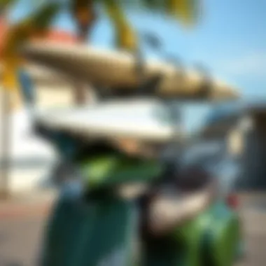 Detailed view of surfboards secured on the Carver Moped Surf Rack