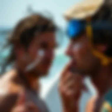 Surfers applying nose sunblock before hitting the waves