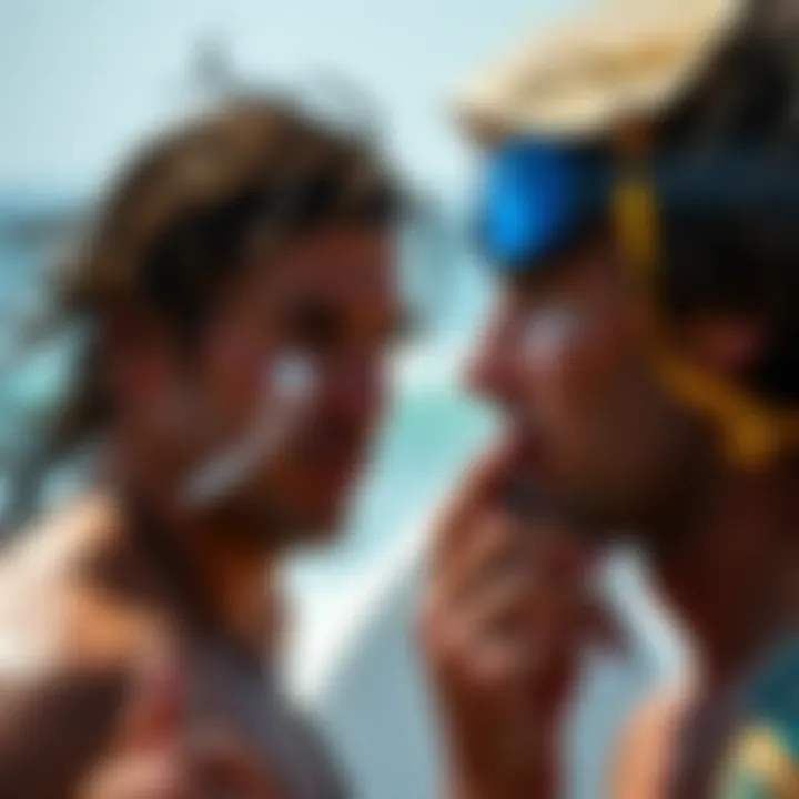 Surfers applying nose sunblock before hitting the waves