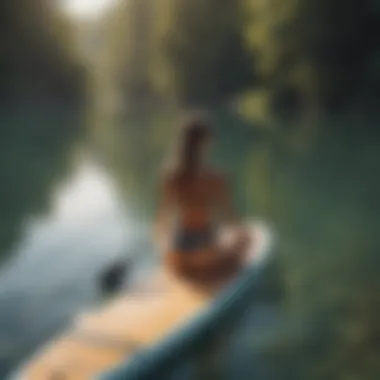 A serene scene of paddle boarding during a yoga session on a lake.