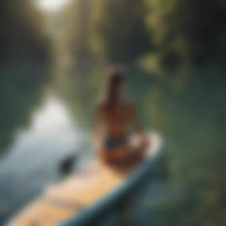 A serene scene of paddle boarding during a yoga session on a lake.