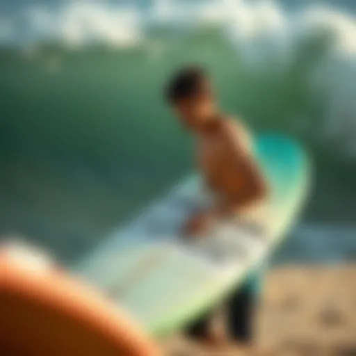 Surfer analyzing surfboard dimensions