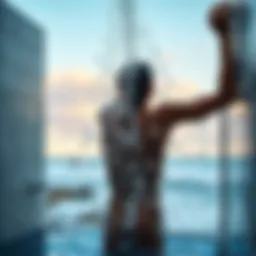 Refreshing cold shower scene with ocean view