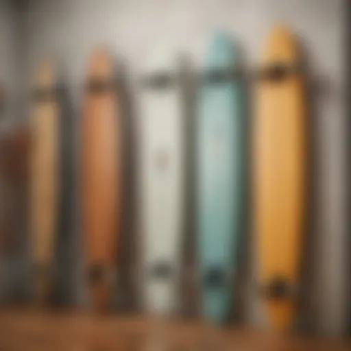 Stylish wall-mounted longboard surf rack showcasing various board designs