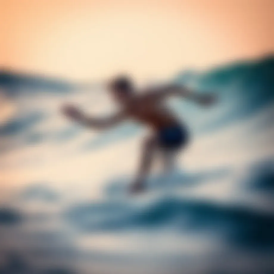 A surfer executing a dynamic stretch before hitting the waves