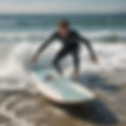 A sleek zephyr board against a backdrop of ocean waves