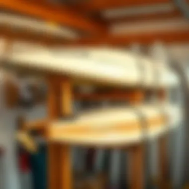 Close-up of surfboards secured on a rack, demonstrating safety and stability