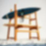 A well-crafted wooden surf rack showcasing elegant design and functionality