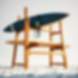A well-crafted wooden surf rack showcasing elegant design and functionality