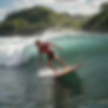 Beginner surfer riding a gentle wave in Costa Rica