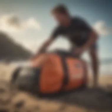 Surfer packing a Dakine surf bag