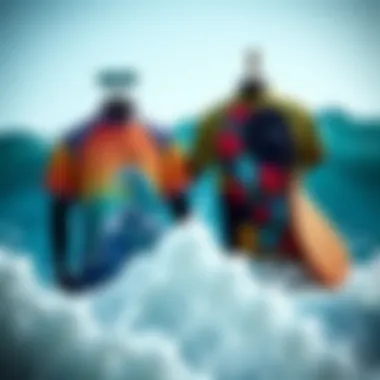 Vibrant designer surf wear displayed against a backdrop of ocean waves