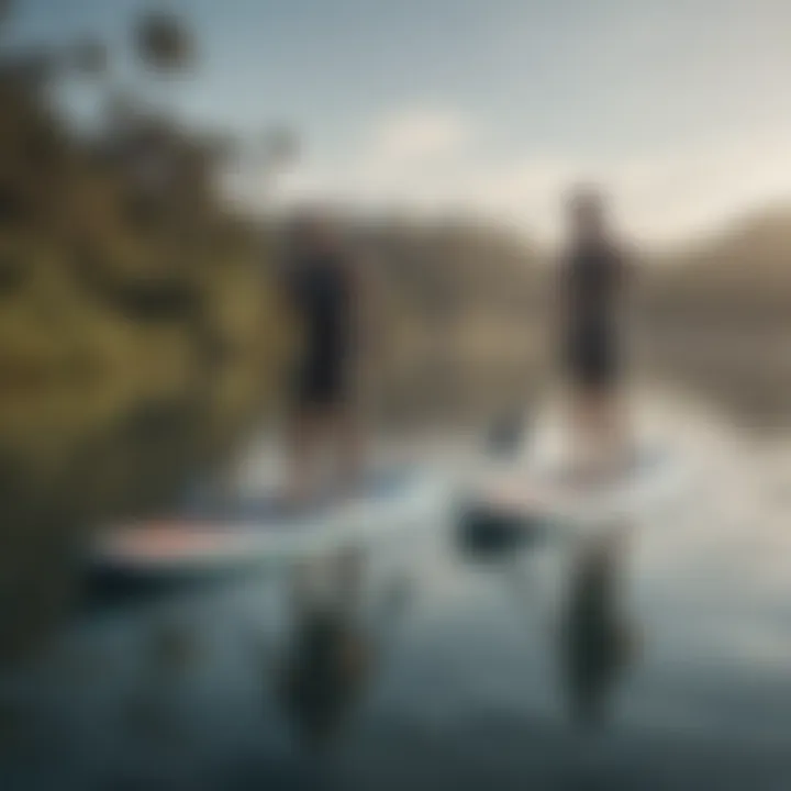 Beginner paddler trying out different sizes of paddle boards on calm water