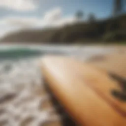 Surfboard resting on the beach with waves in the background