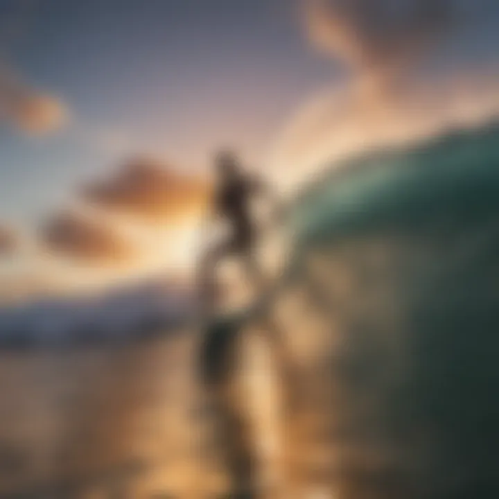 Surfer catching a wave at sunset