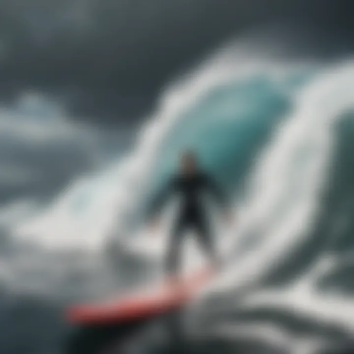 Surfer expertly navigating stormy waves