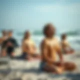 Diverse group practicing deep breathing techniques on the beach