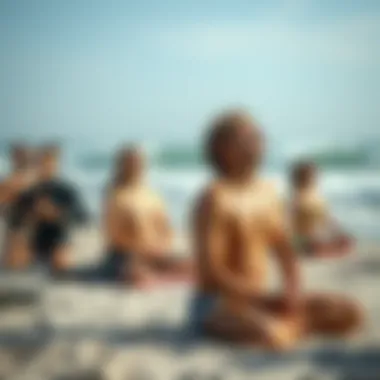 Diverse group practicing deep breathing techniques on the beach