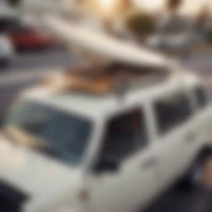 Surfboard securely strapped to a car rooftop