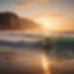 A picturesque California coastline with surfers catching waves at sunset.