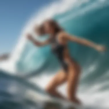 A surfer catching a wave while wearing a stylish one-piece swimsuit