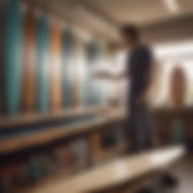 A person examining a longboard surfboard in a shop