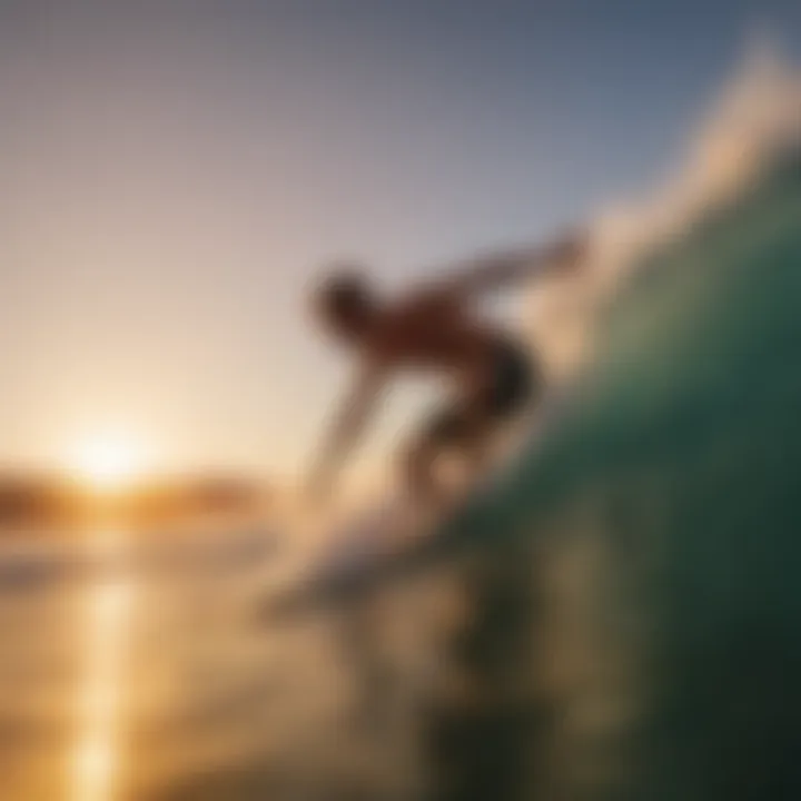 Skimboarder gliding over water at sunset, illustrating the thrill of skimboarding