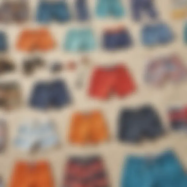 Different styles of board shorts laid out for comparison