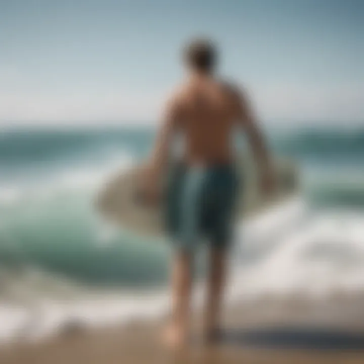 A surfer preparing to hit the waves in stylish board shorts