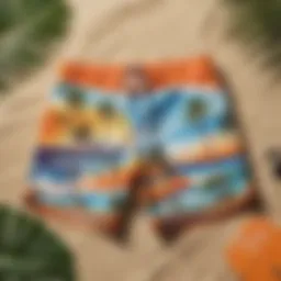 Vibrant board shorts displayed on a tropical beach